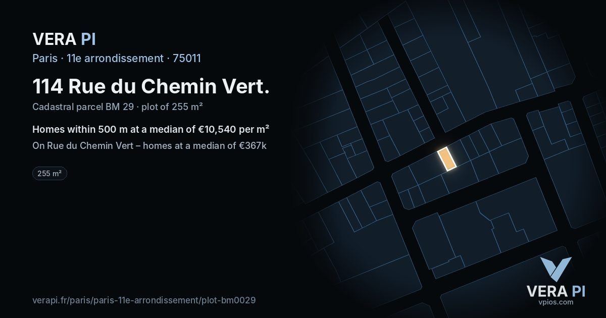 114 Rue du Chemin Vert, 11e arrondissement at night – the plot lit, the parcels around coloured by the prices near them