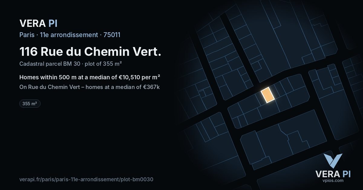 116 Rue du Chemin Vert, 11e arrondissement at night – the plot lit, the parcels around coloured by the prices near them