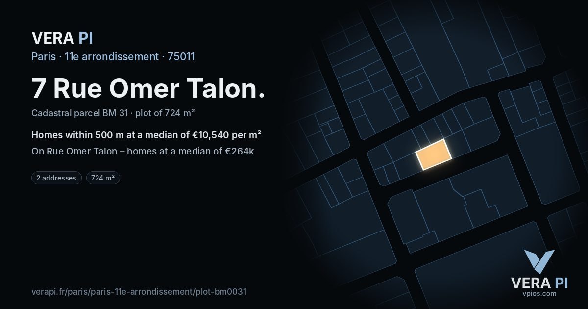7 Rue Omer Talon, 11e arrondissement at night – the plot lit, the parcels around coloured by the prices near them