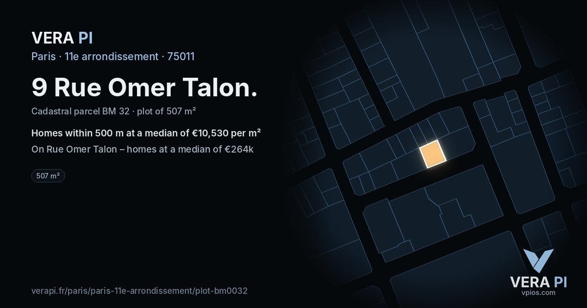 9 Rue Omer Talon, 11e arrondissement at night – the plot lit, the parcels around coloured by the prices near them