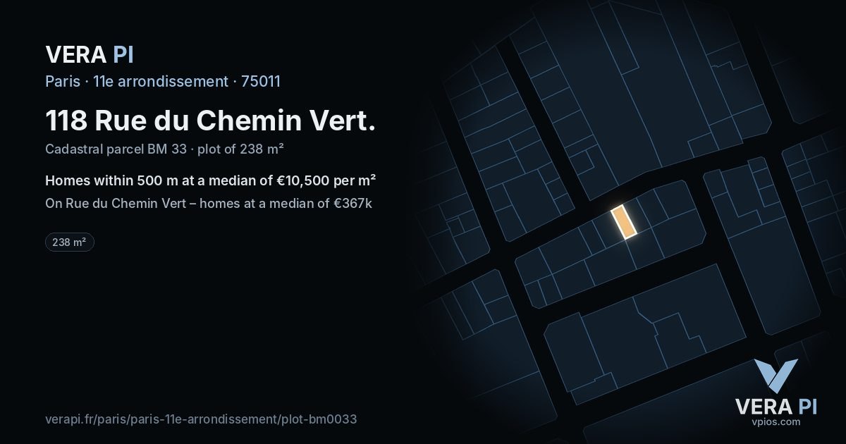 118 Rue du Chemin Vert, 11e arrondissement at night – the plot lit, the parcels around coloured by the prices near them