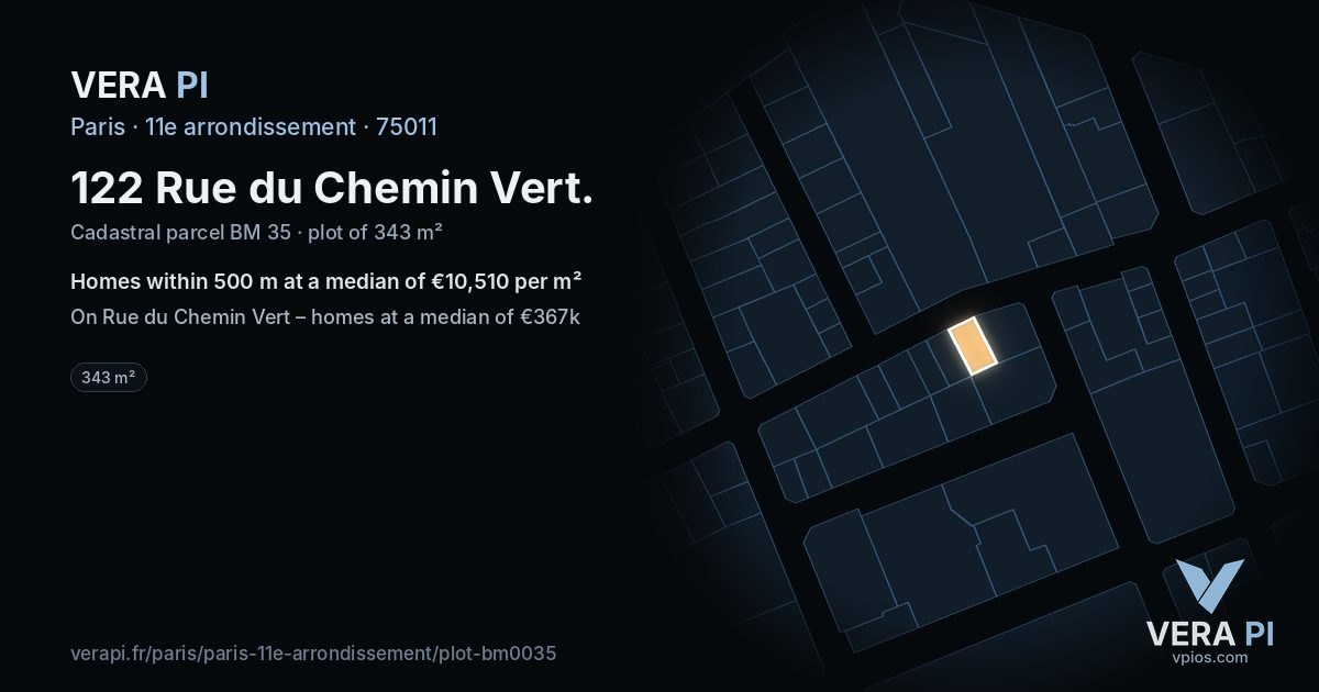 122 Rue du Chemin Vert, 11e arrondissement at night – the plot lit, the parcels around coloured by the prices near them