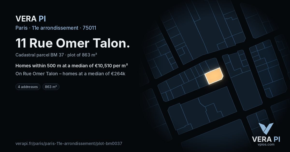 11 Rue Omer Talon, 11e arrondissement at night – the plot lit, the parcels around coloured by the prices near them