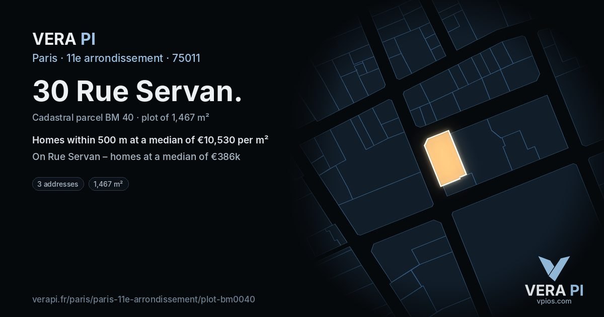 30 Rue Servan, 11e arrondissement at night – the plot lit, the parcels around coloured by the prices near them