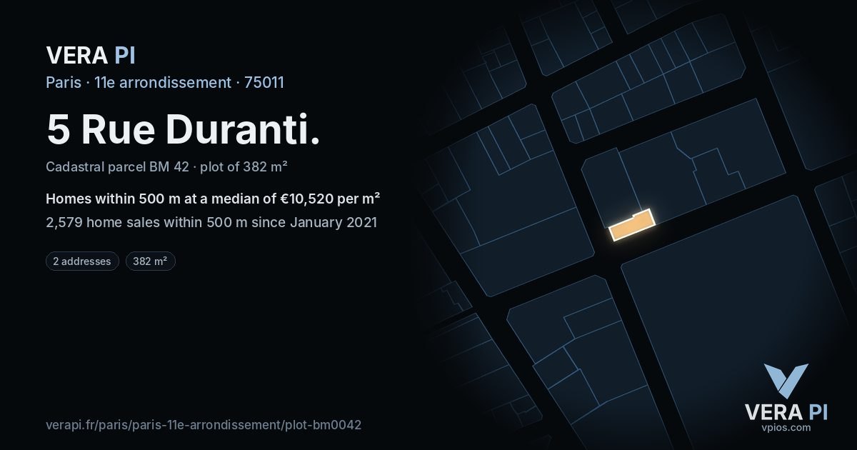 5 Rue Duranti, 11e arrondissement at night – the plot lit, the parcels around coloured by the prices near them
