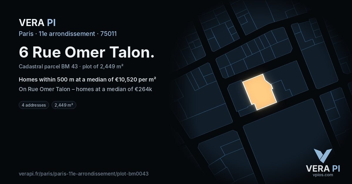 6 Rue Omer Talon, 11e arrondissement at night – the plot lit, the parcels around coloured by the prices near them