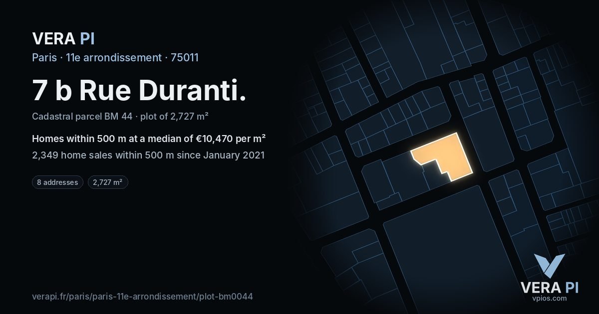 7 b Rue Duranti, 11e arrondissement at night – the plot lit, the parcels around coloured by the prices near them