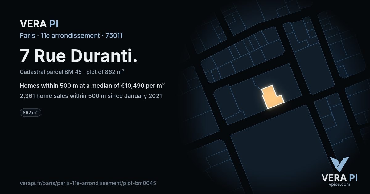 7 Rue Duranti, 11e arrondissement at night – the plot lit, the parcels around coloured by the prices near them
