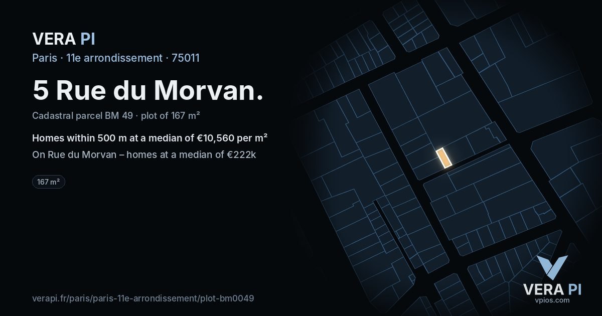 5 Rue du Morvan, 11e arrondissement at night – the plot lit, the parcels around coloured by the prices near them