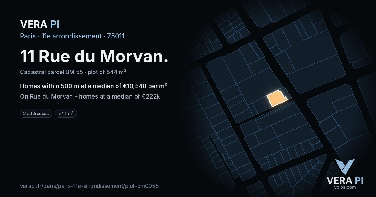 11 Rue du Morvan, 11e arrondissement at night – the plot lit, the parcels around coloured by the prices near them