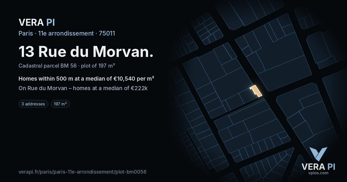 13 Rue du Morvan, 11e arrondissement at night – the plot lit, the parcels around coloured by the prices near them