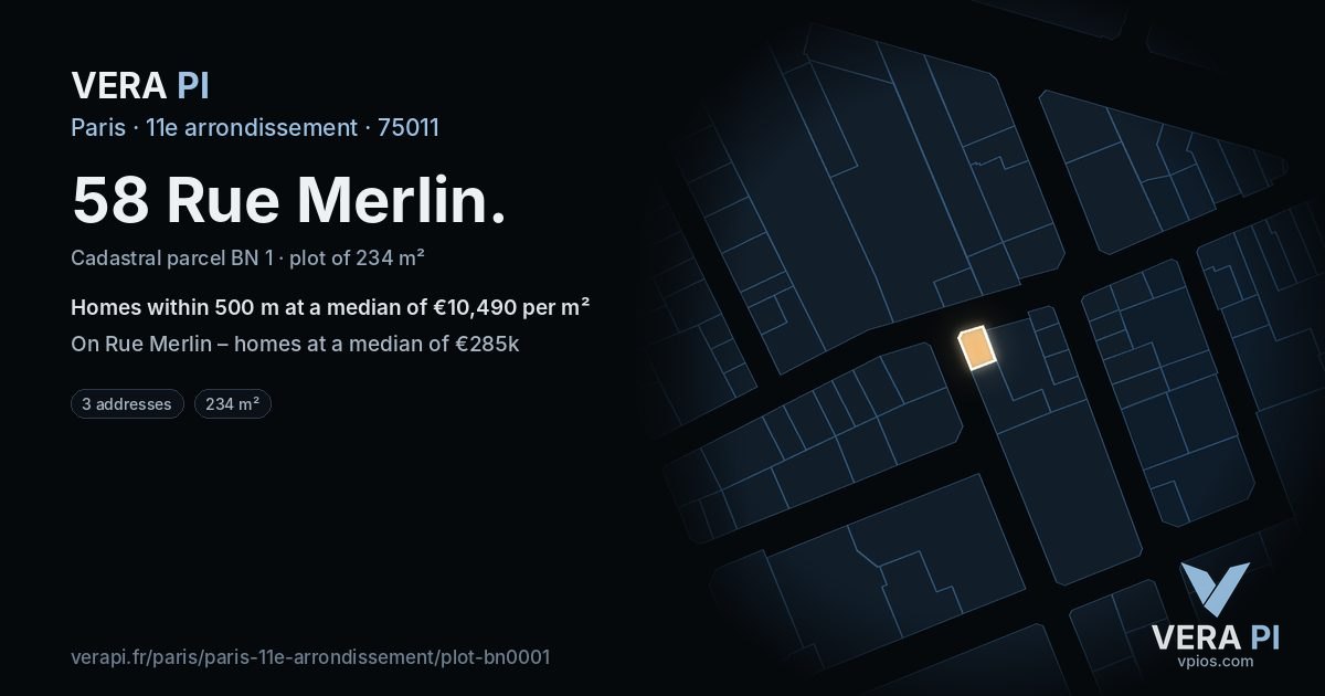 58 Rue Merlin, 11e arrondissement at night – the plot lit, the parcels around coloured by the prices near them