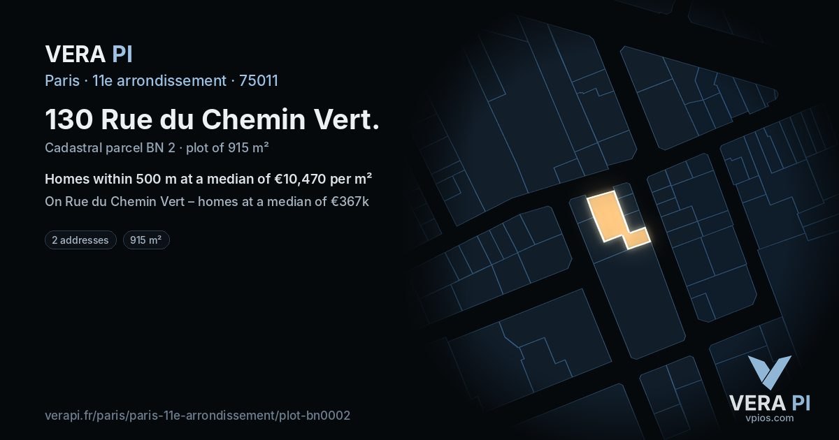 130 Rue du Chemin Vert, 11e arrondissement at night – the plot lit, the parcels around coloured by the prices near them