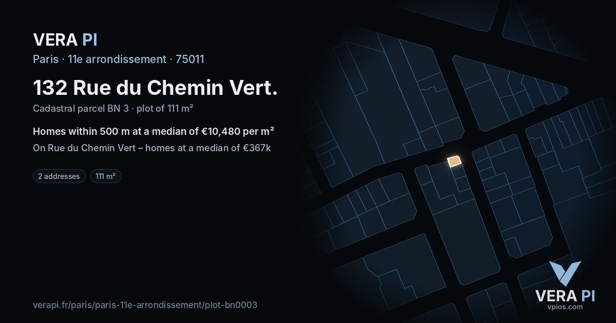 132 Rue du Chemin Vert, 11e arrondissement at night – the plot lit, the parcels around coloured by the prices near them