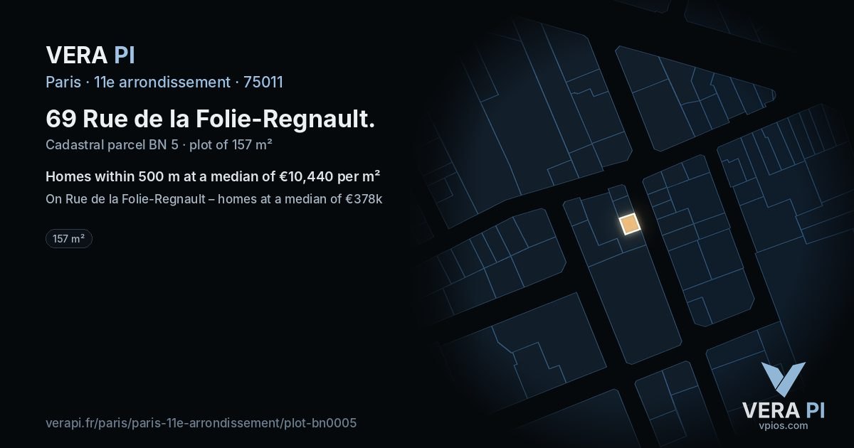 69 Rue de la Folie-Regnault, 11e arrondissement at night – the plot lit, the parcels around coloured by the prices near them