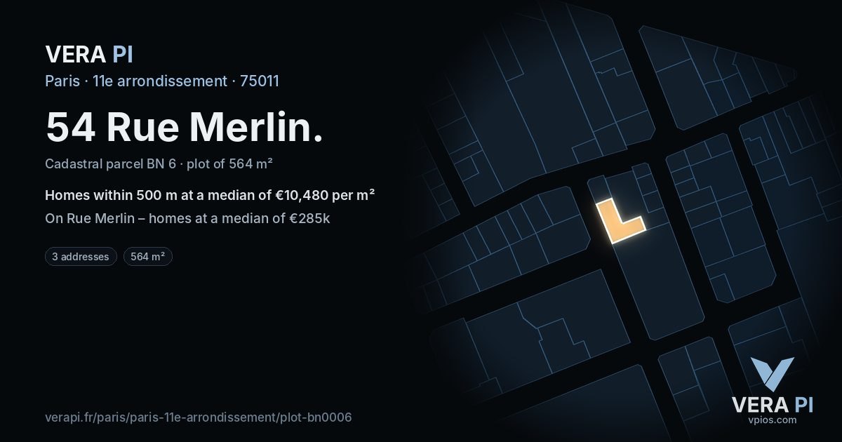 54 Rue Merlin, 11e arrondissement at night – the plot lit, the parcels around coloured by the prices near them