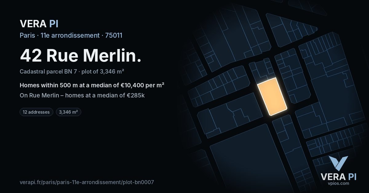 42 Rue Merlin, 11e arrondissement at night – the plot lit, the parcels around coloured by the prices near them