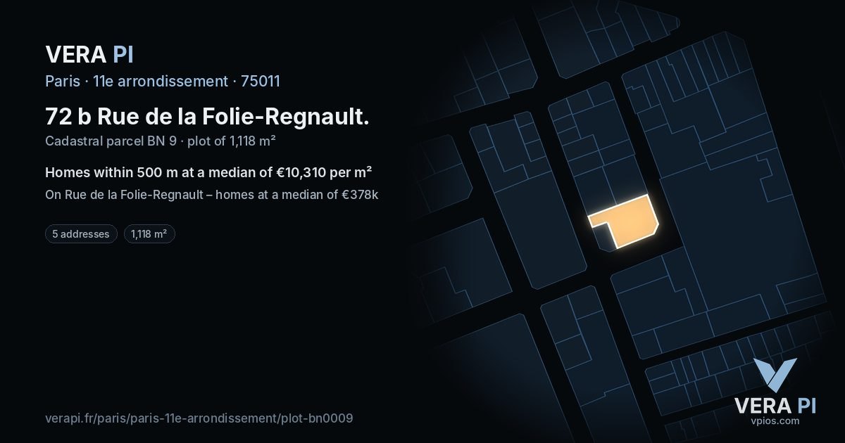72 b Rue de la Folie-Regnault, 11e arrondissement at night – the plot lit, the parcels around coloured by the prices near them