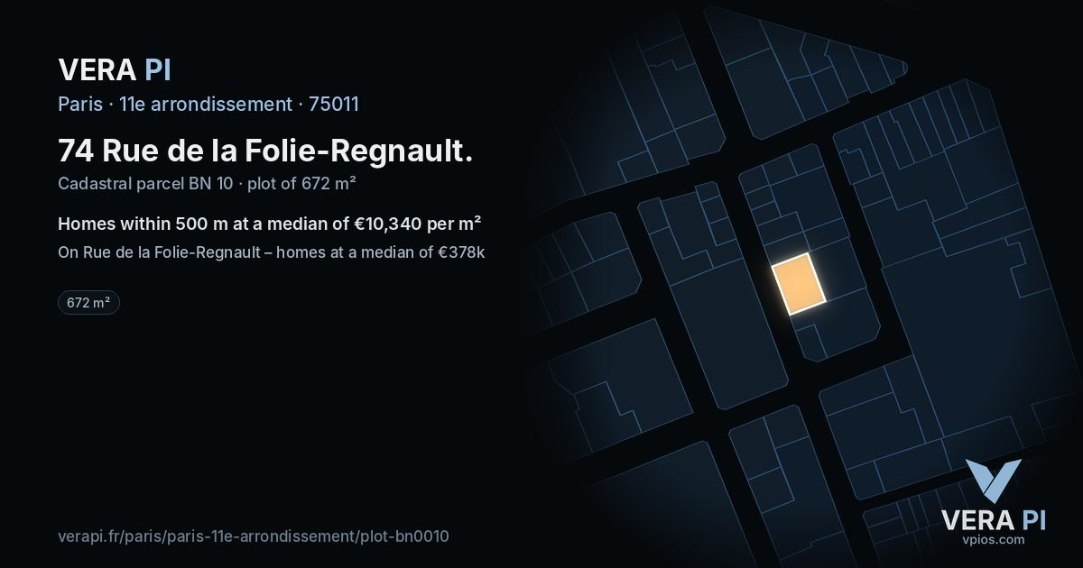 74 Rue de la Folie-Regnault, 11e arrondissement at night – the plot lit, the parcels around coloured by the prices near them