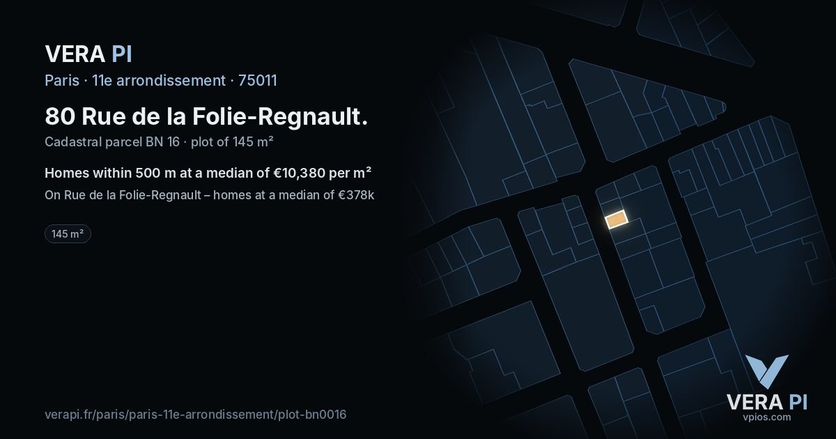 80 Rue de la Folie-Regnault, 11e arrondissement at night – the plot lit, the parcels around coloured by the prices near them