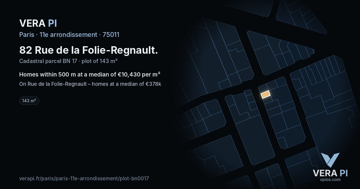 82 Rue de la Folie-Regnault, 11e arrondissement at night – the plot lit, the parcels around coloured by the prices near them
