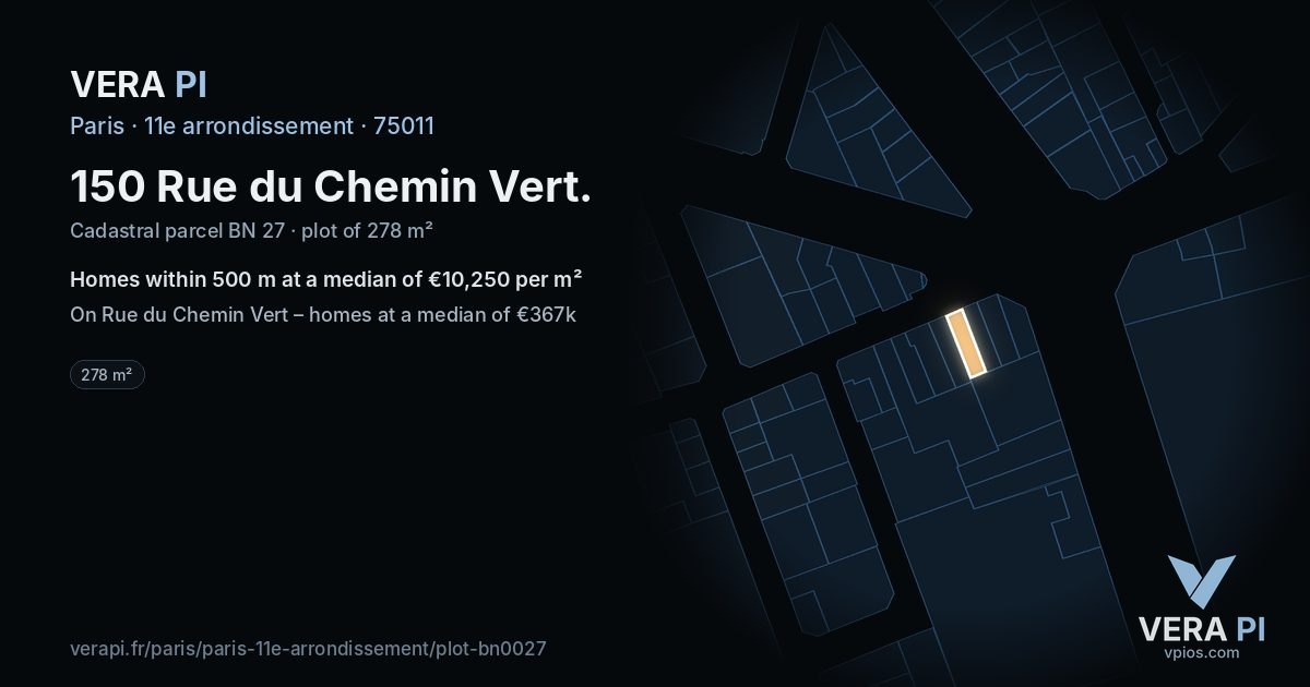 150 Rue du Chemin Vert, 11e arrondissement at night – the plot lit, the parcels around coloured by the prices near them
