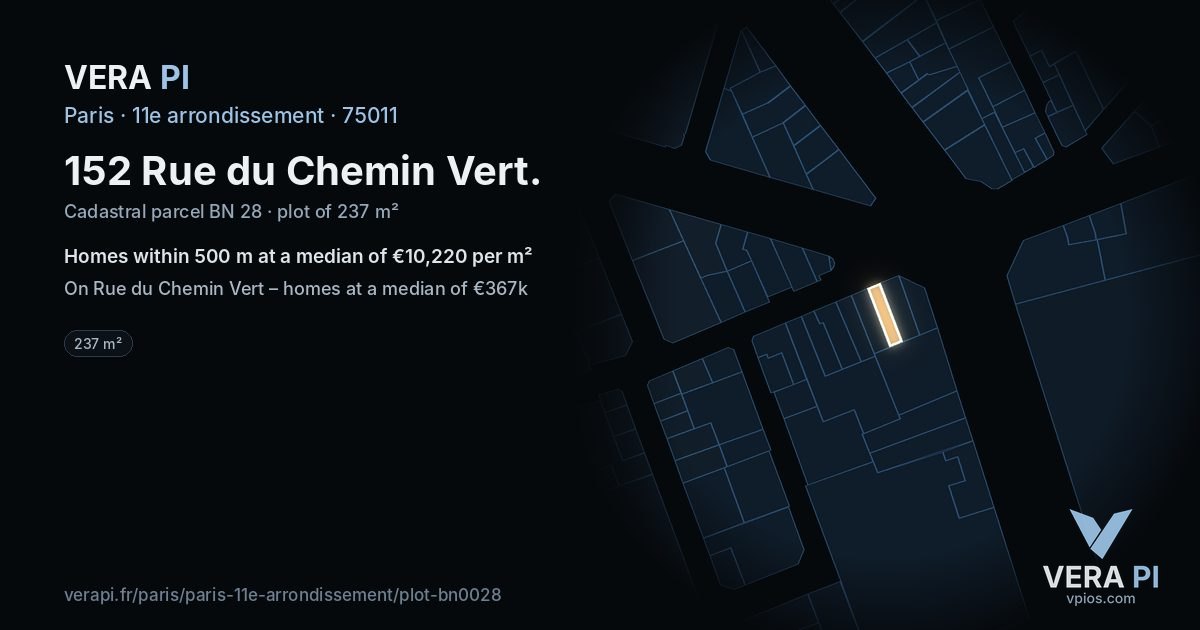 152 Rue du Chemin Vert, 11e arrondissement at night – the plot lit, the parcels around coloured by the prices near them