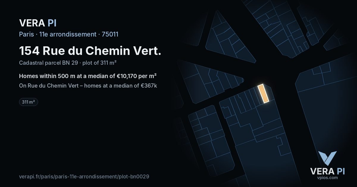 154 Rue du Chemin Vert, 11e arrondissement at night – the plot lit, the parcels around coloured by the prices near them