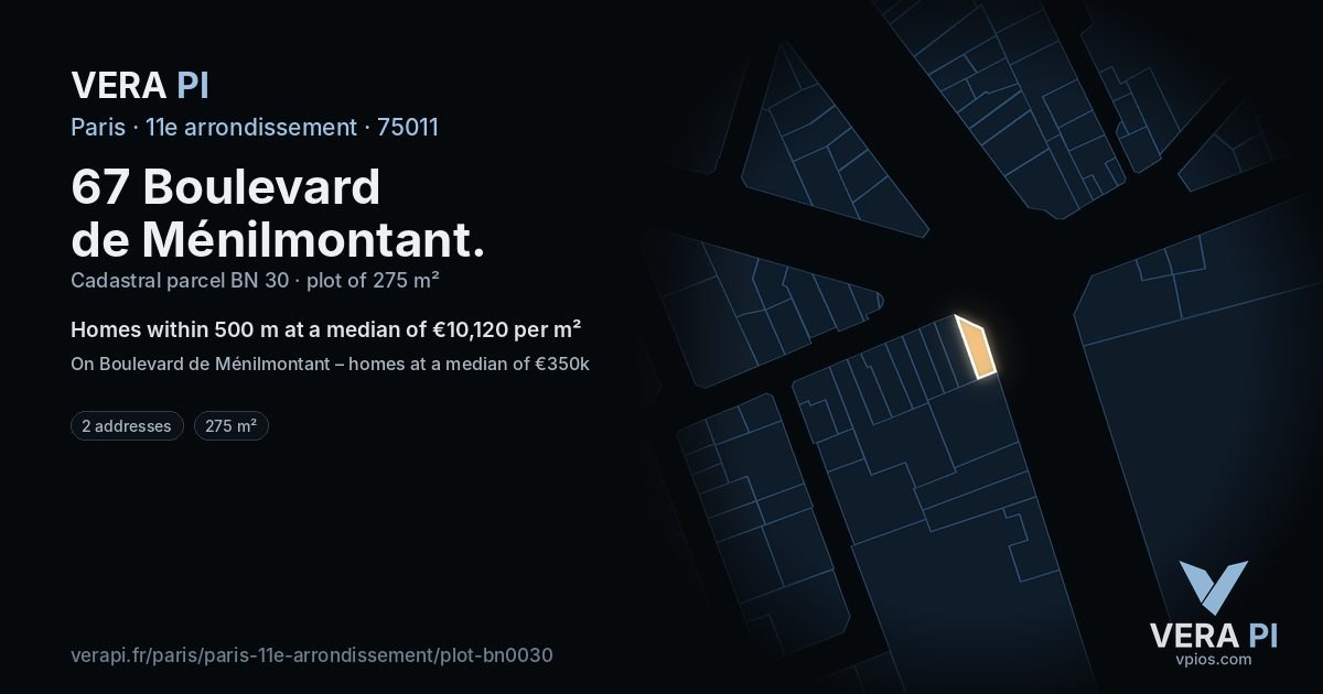67 Boulevard de Ménilmontant, 11e arrondissement at night – the plot lit, the parcels around coloured by the prices near them
