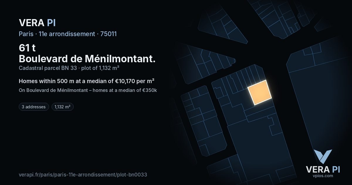 61 t Boulevard de Ménilmontant, 11e arrondissement at night – the plot lit, the parcels around coloured by the prices near them