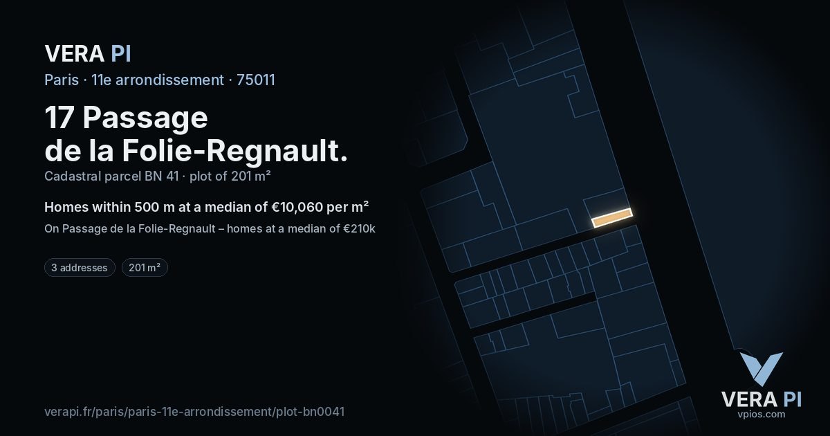 17 Passage de la Folie-Regnault, 11e arrondissement at night – the plot lit, the parcels around coloured by the prices near them