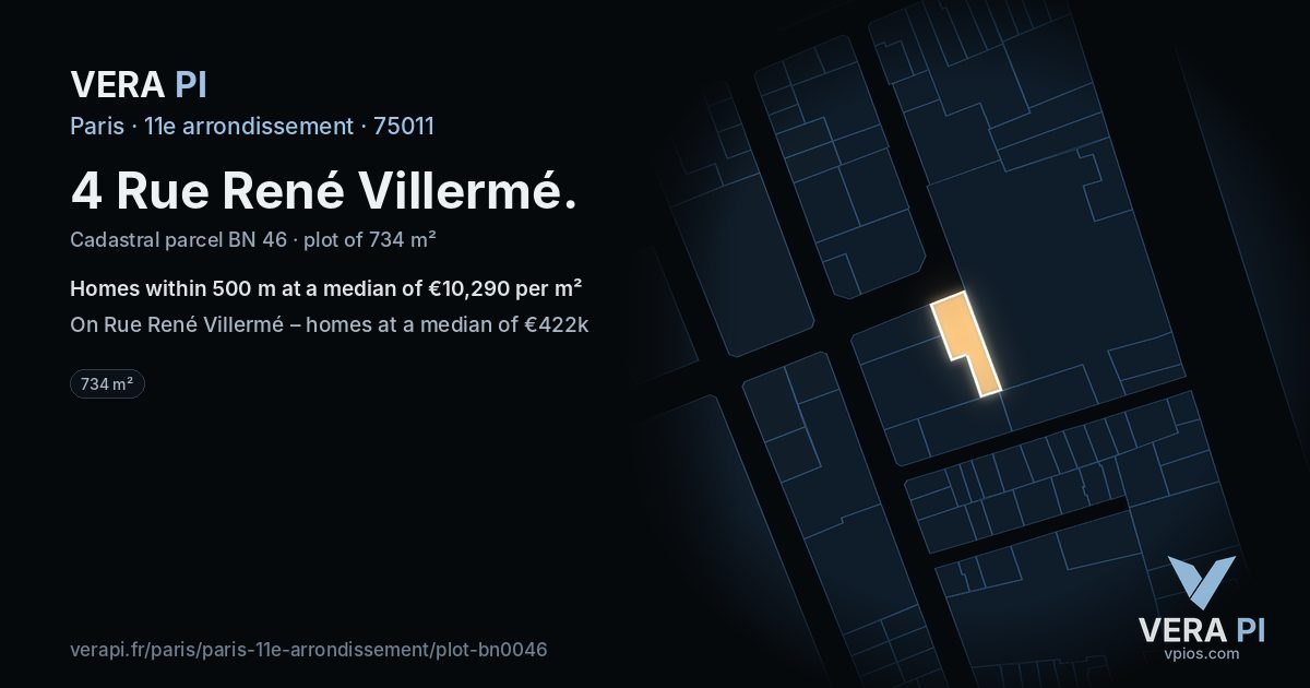 4 Rue René Villermé, 11e arrondissement at night – the plot lit, the parcels around coloured by the prices near them