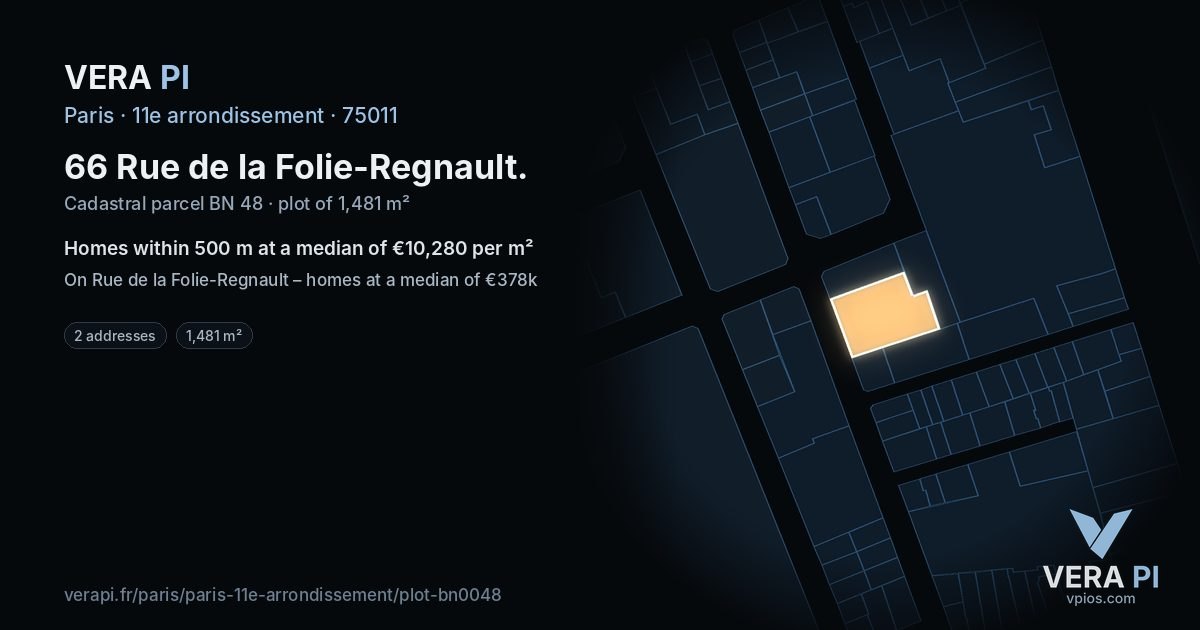 66 Rue de la Folie-Regnault, 11e arrondissement at night – the plot lit, the parcels around coloured by the prices near them