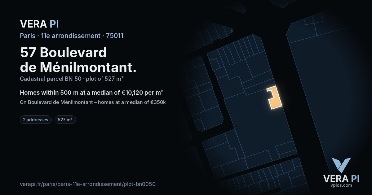 57 Boulevard de Ménilmontant, 11e arrondissement at night – the plot lit, the parcels around coloured by the prices near them