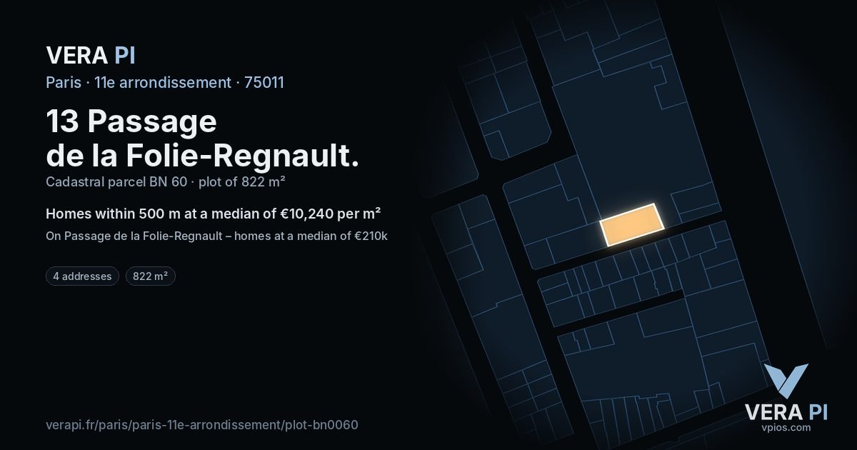 13 Passage de la Folie-Regnault, 11e arrondissement at night – the plot lit, the parcels around coloured by the prices near them