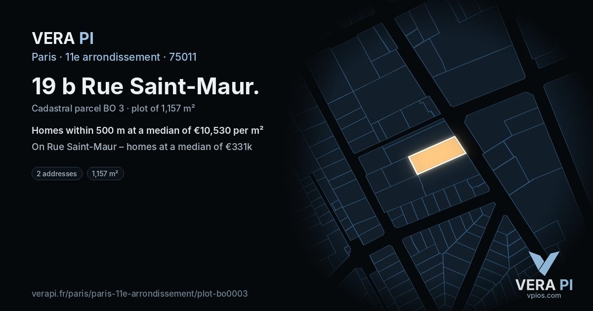 19 b Rue Saint-Maur, 11e arrondissement at night – the plot lit, the parcels around coloured by the prices near them