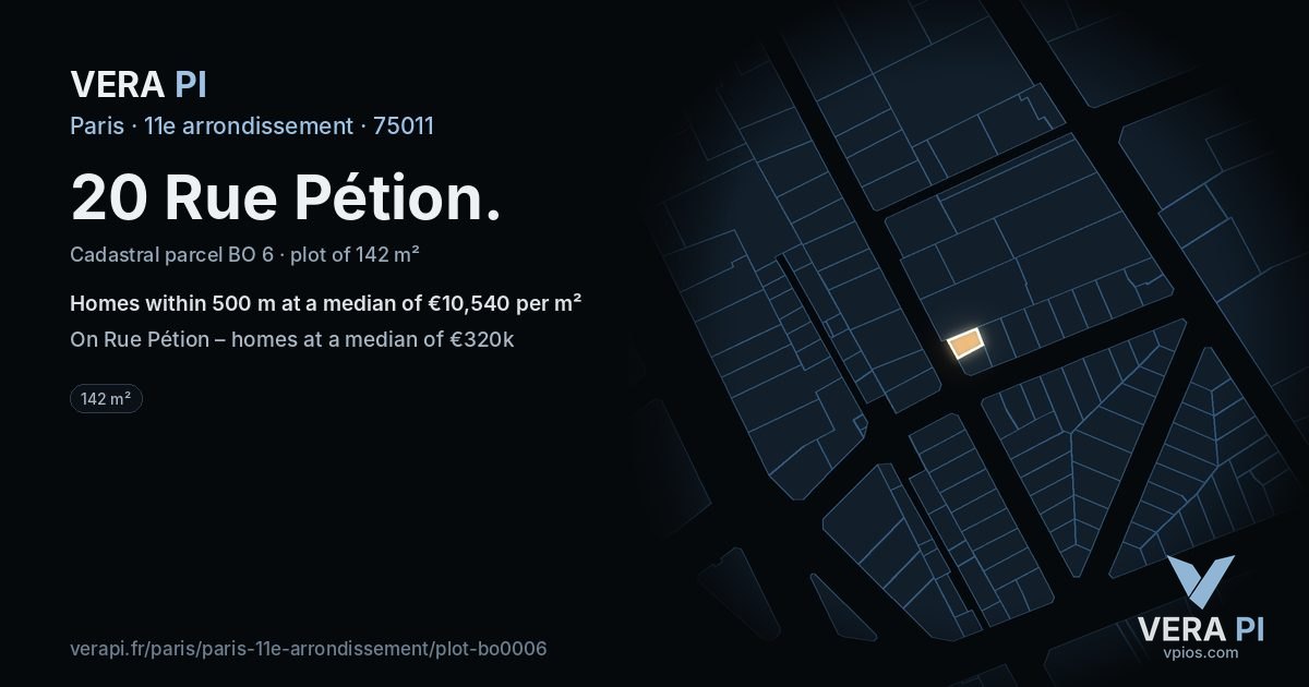 20 Rue Pétion, 11e arrondissement at night – the plot lit, the parcels around coloured by the prices near them