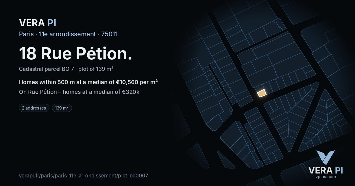 18 Rue Pétion, 11e arrondissement at night – the plot lit, the parcels around coloured by the prices near them