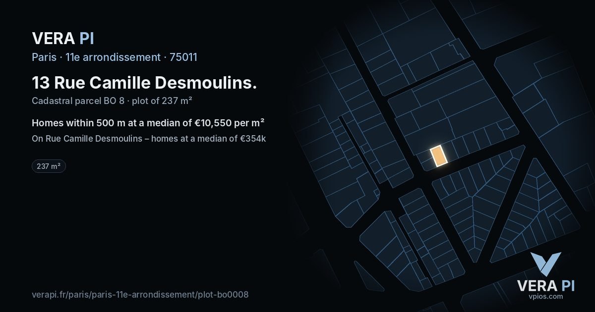 13 Rue Camille Desmoulins, 11e arrondissement at night – the plot lit, the parcels around coloured by the prices near them