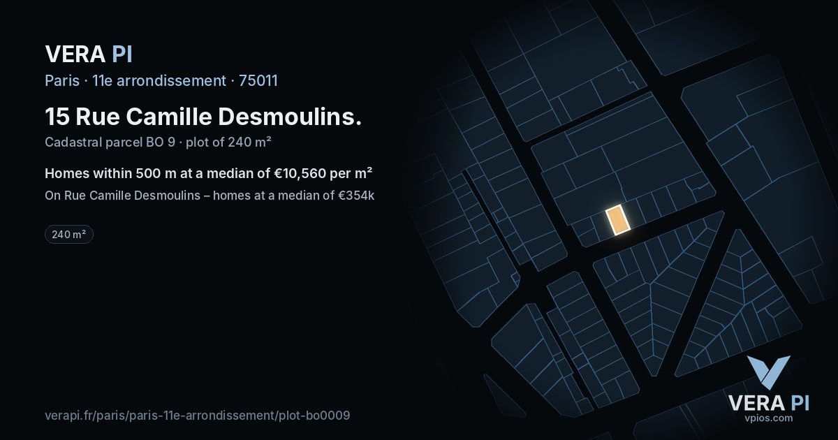 15 Rue Camille Desmoulins, 11e arrondissement at night – the plot lit, the parcels around coloured by the prices near them