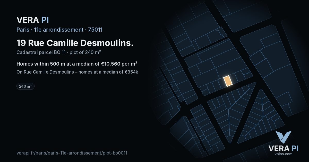 19 Rue Camille Desmoulins, 11e arrondissement at night – the plot lit, the parcels around coloured by the prices near them