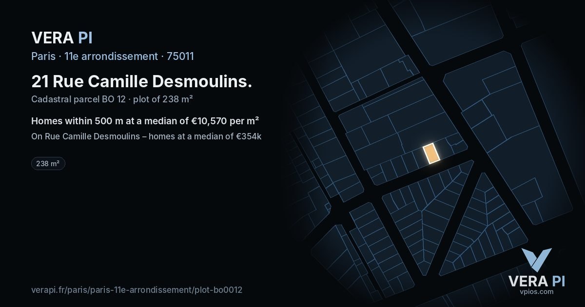 21 Rue Camille Desmoulins, 11e arrondissement at night – the plot lit, the parcels around coloured by the prices near them