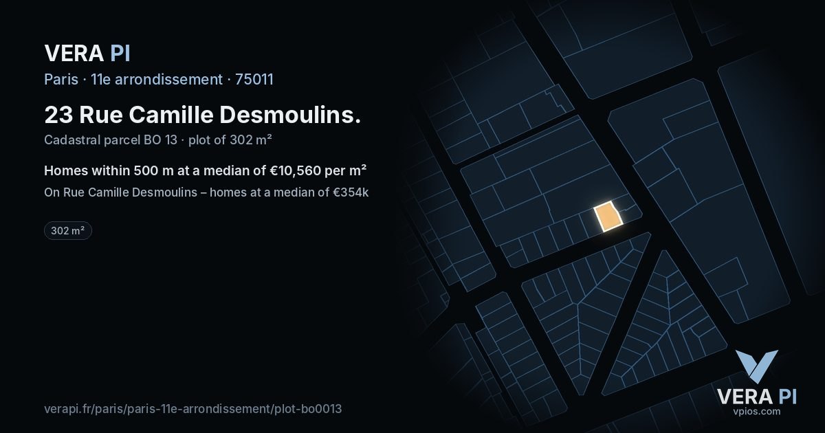 23 Rue Camille Desmoulins, 11e arrondissement at night – the plot lit, the parcels around coloured by the prices near them