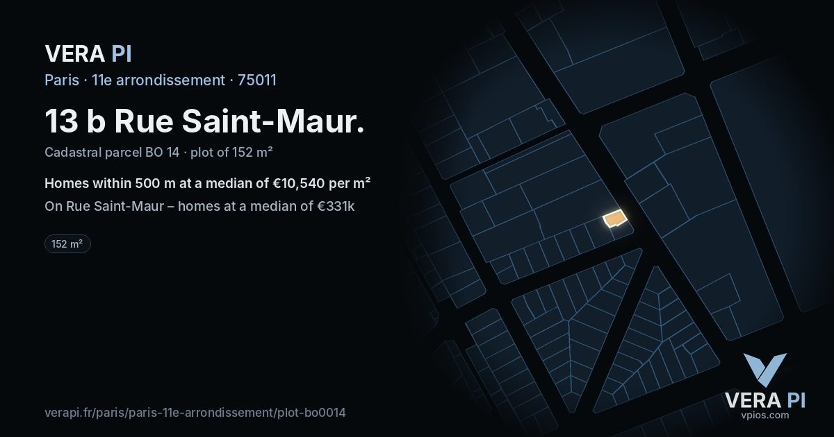 13 b Rue Saint-Maur, 11e arrondissement at night – the plot lit, the parcels around coloured by the prices near them