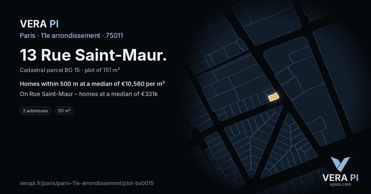 13 Rue Saint-Maur, 11e arrondissement at night – the plot lit, the parcels around coloured by the prices near them