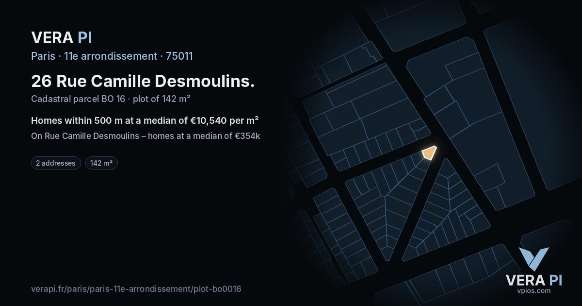 26 Rue Camille Desmoulins, 11e arrondissement at night – the plot lit, the parcels around coloured by the prices near them