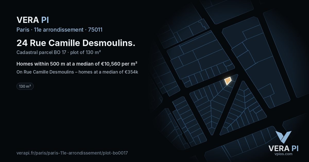 24 Rue Camille Desmoulins, 11e arrondissement at night – the plot lit, the parcels around coloured by the prices near them
