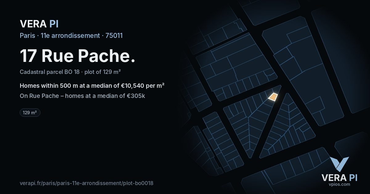 17 Rue Pache, 11e arrondissement at night – the plot lit, the parcels around coloured by the prices near them