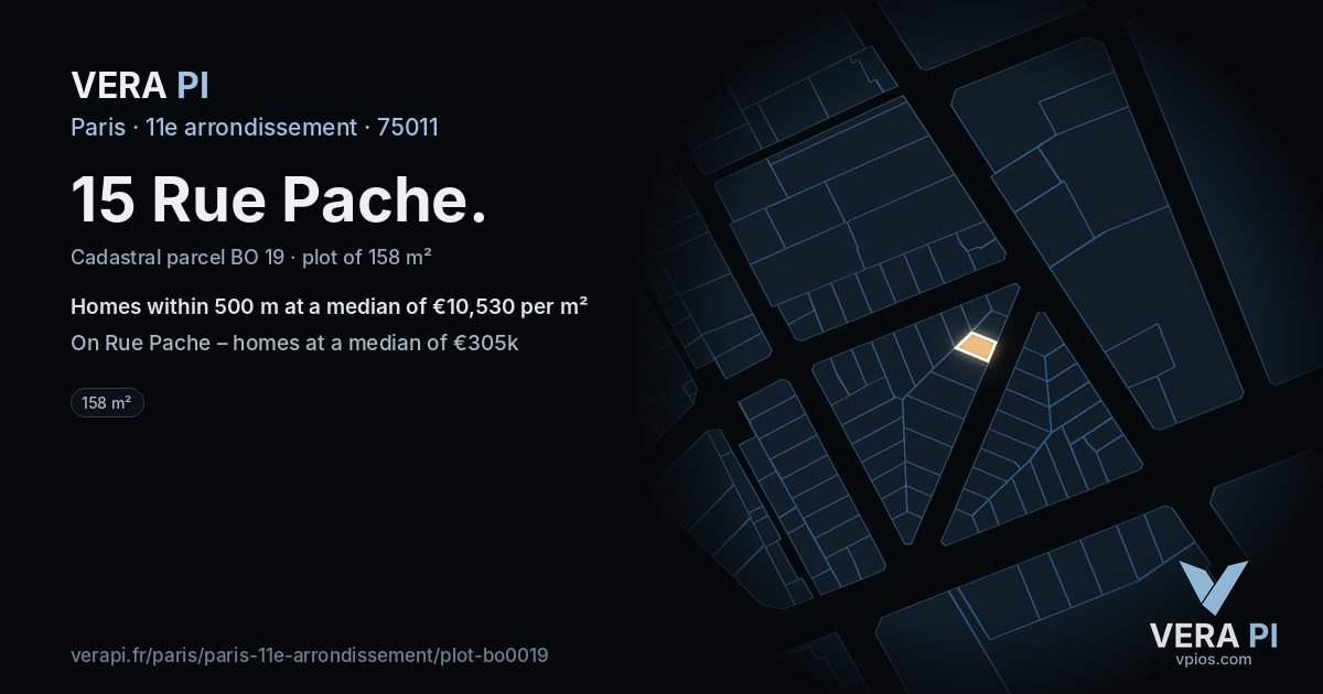 15 Rue Pache, 11e arrondissement at night – the plot lit, the parcels around coloured by the prices near them