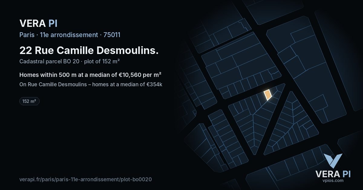 22 Rue Camille Desmoulins, 11e arrondissement at night – the plot lit, the parcels around coloured by the prices near them